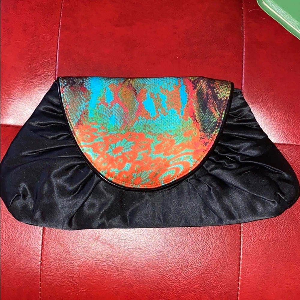 Amici satin Black w/ orange turquoise blue clutch